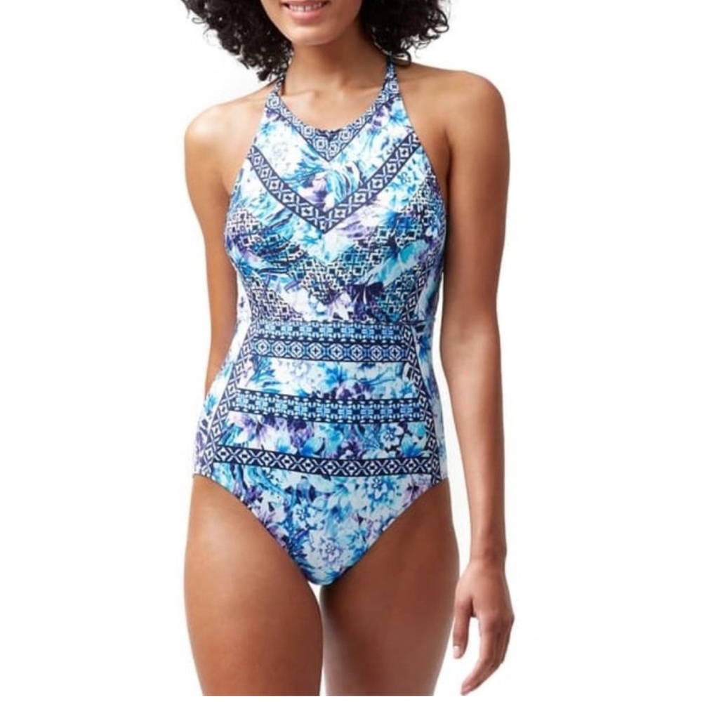 Tommy Bahama Aqua Petals High Neck One Piece Swimsuit